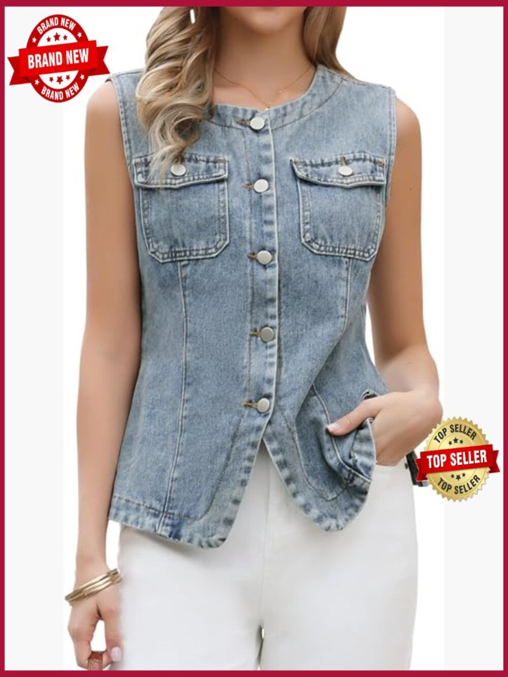 Collarless Button Down Sleeveless Denim Vest Top, Regular Fit